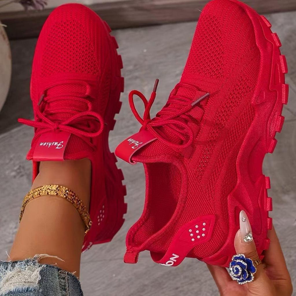 Women's Orthopedic Mesh Lace-Up Chunky Platform Sneakers - Red