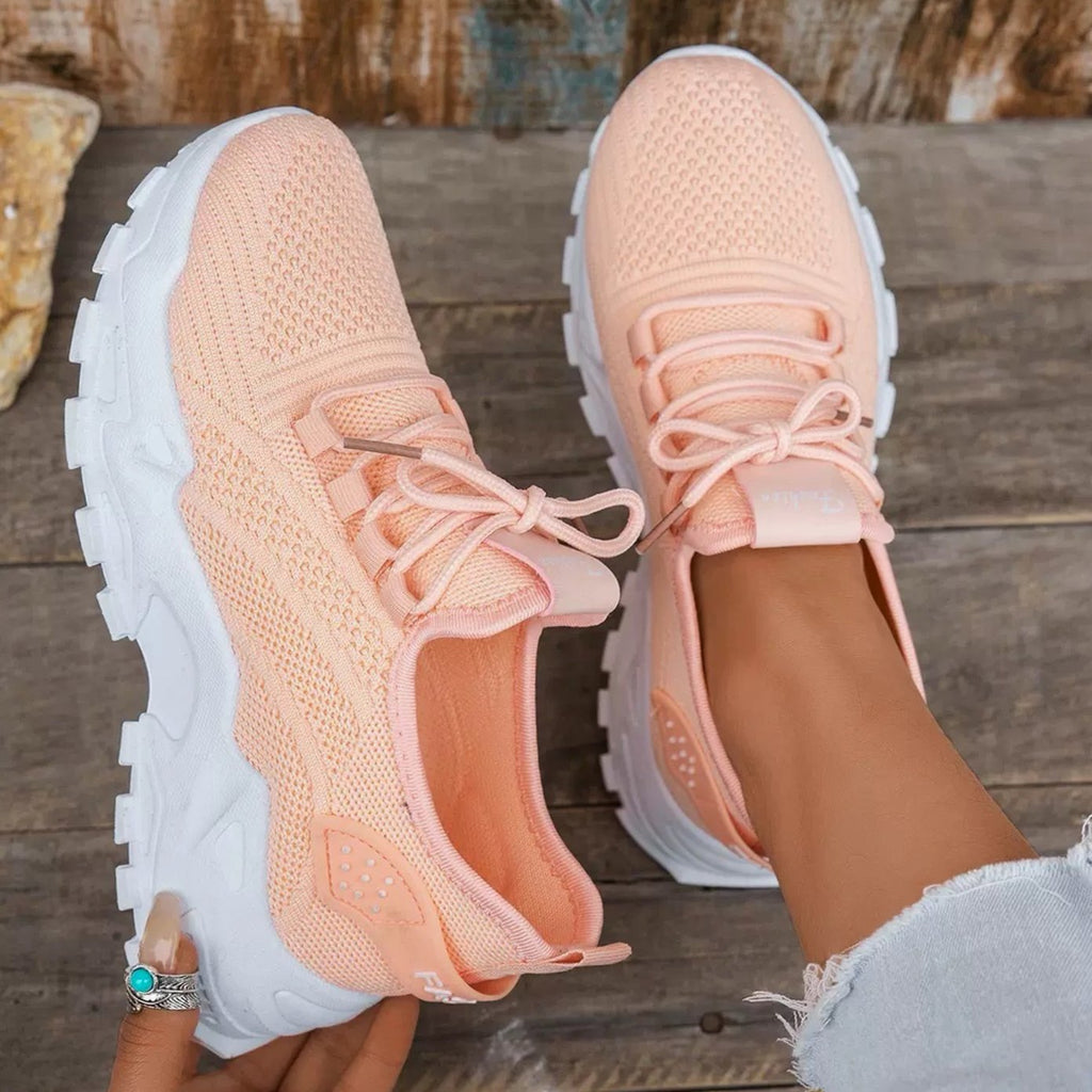 Women's Orthopedic Mesh Lace-Up Chunky Platform Sneakers - Peach