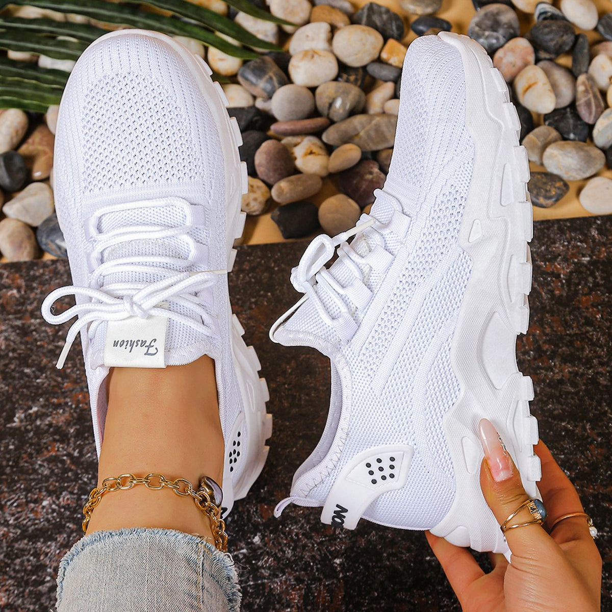 Women's Orthopedic Mesh Lace-Up Chunky Platform Sneakers - White 2