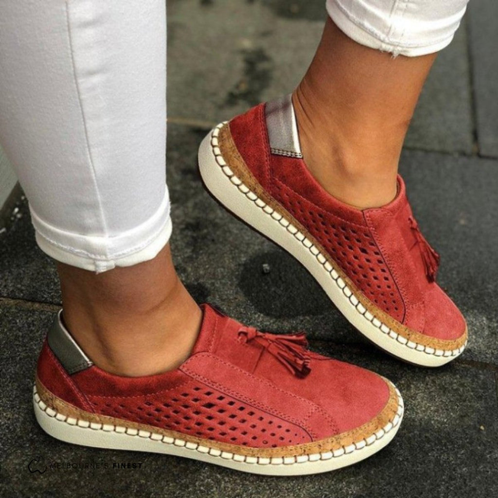Women's Orthopedic Perforated Slip-On Sneakers Arch Support - Red