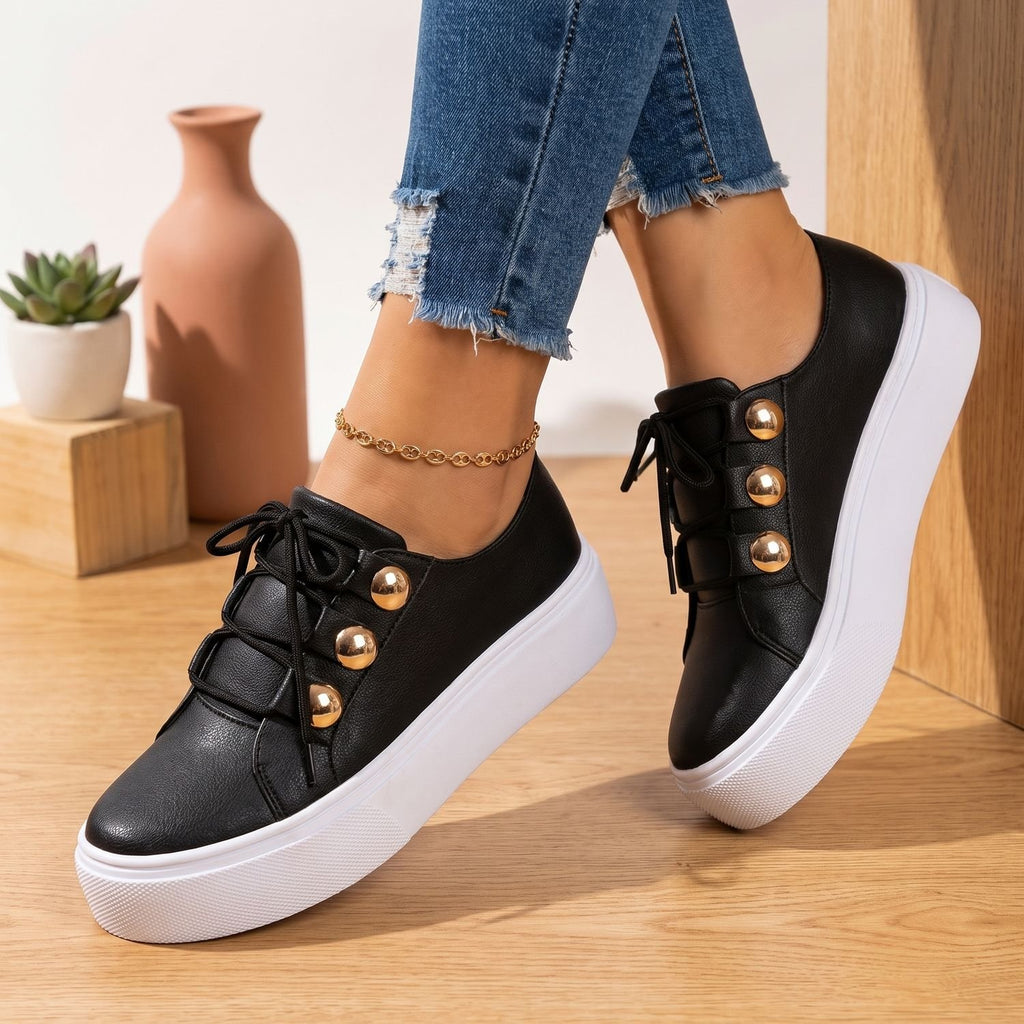 Women's Orthopedic Platform Sneakers Gold Stud Lace-Up - Black