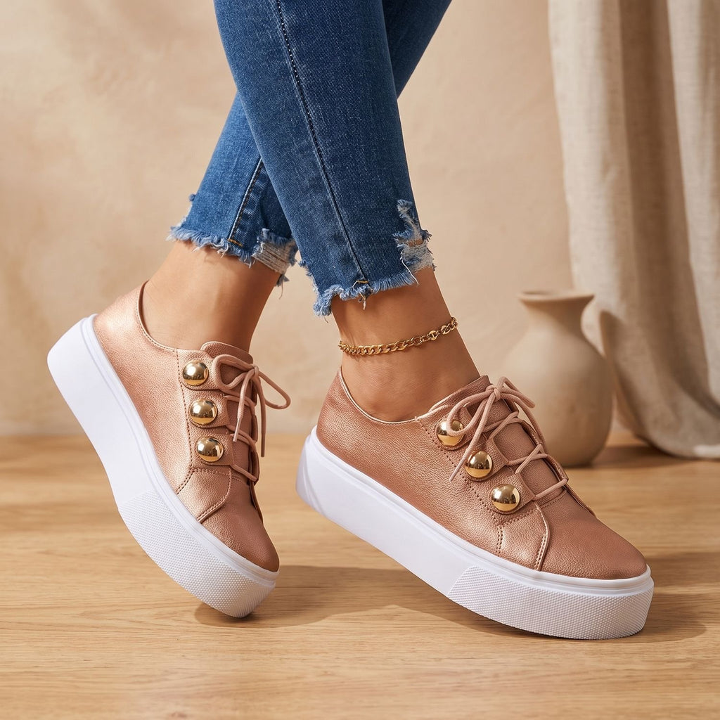 Women's Orthopedic Platform Sneakers Gold Stud Lace-Up - Rose Gold