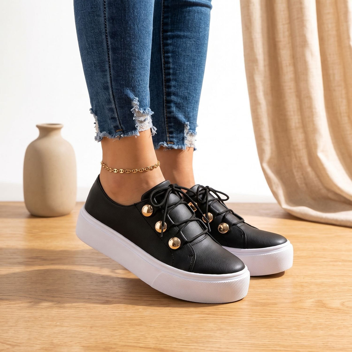 Women's Orthopedic Platform Sneakers Gold Stud Lace-Up