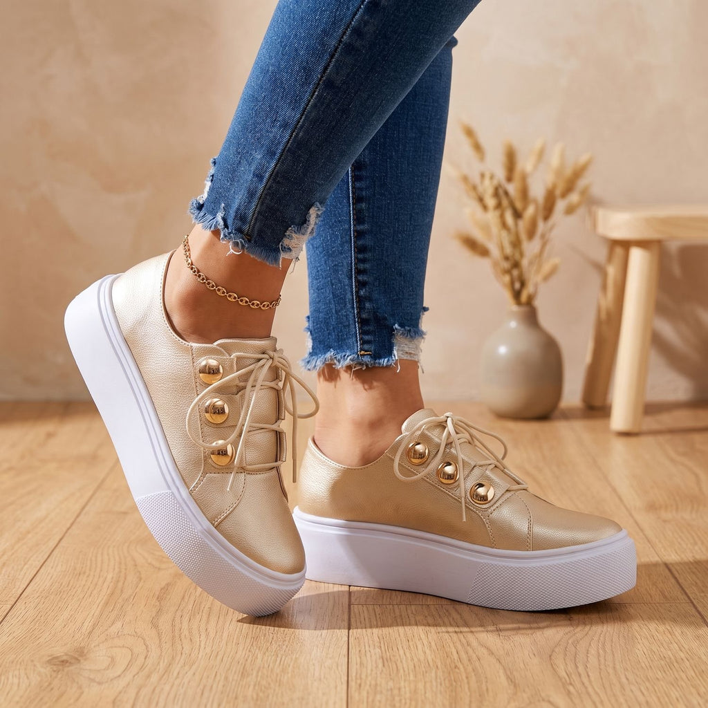 Women's Orthopedic Platform Sneakers Gold Stud Lace-Up - Gold