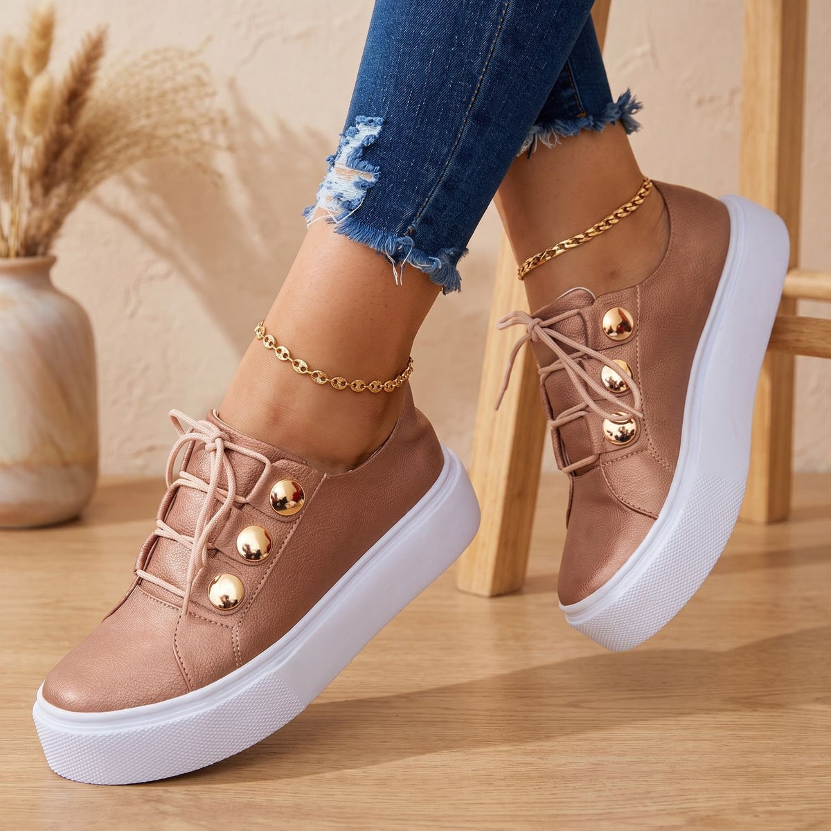 Women's Orthopedic Platform Sneakers Gold Stud Lace-Up