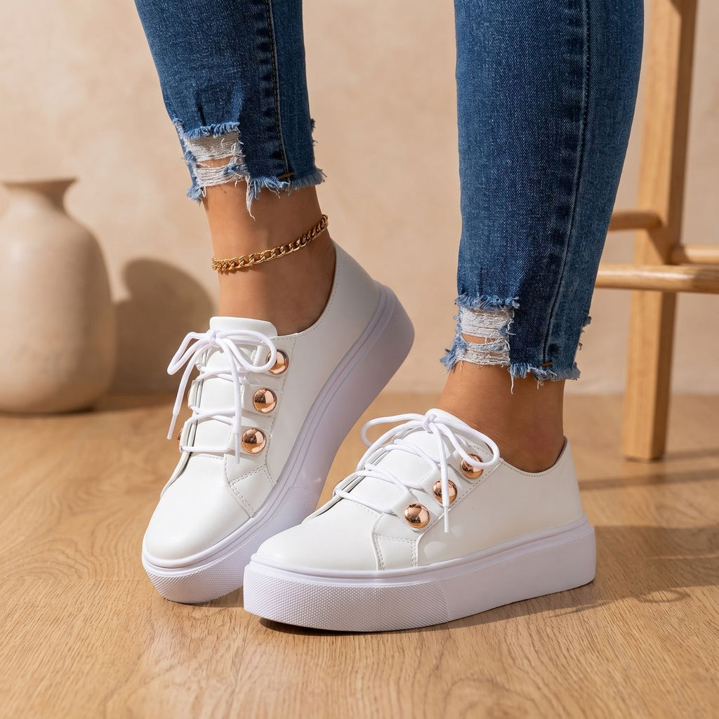 Women's Orthopedic Platform Sneakers Gold Stud Lace-Up - White