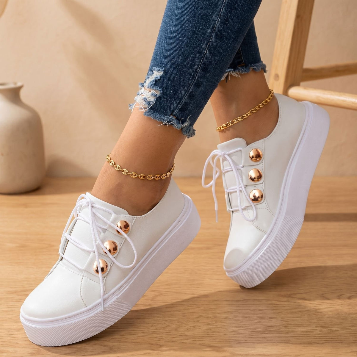 Women's Orthopedic Platform Sneakers Gold Stud Lace-Up