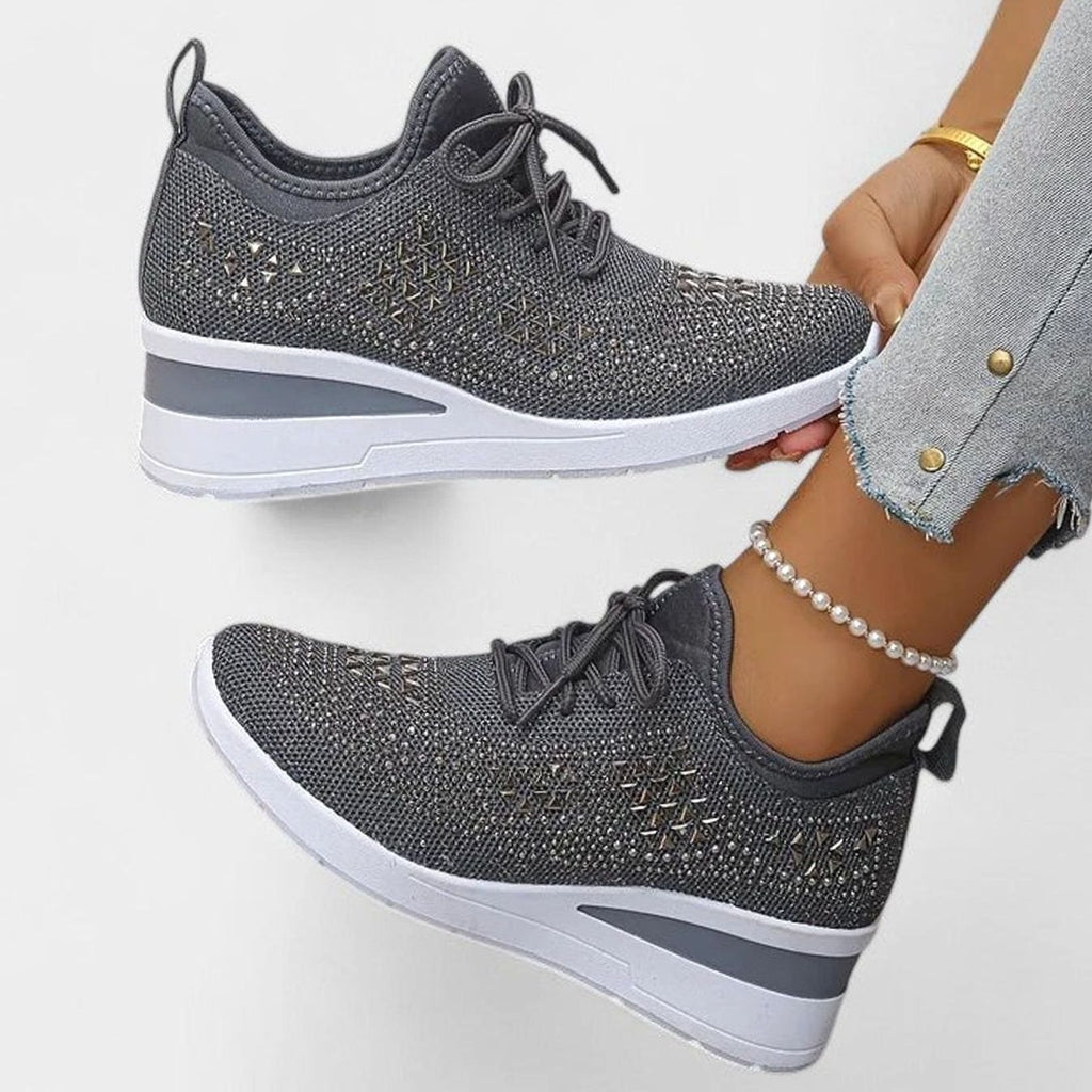Women's Orthopedic Rhinestone Knit Lace-Up Wedge Sneakers - Grey