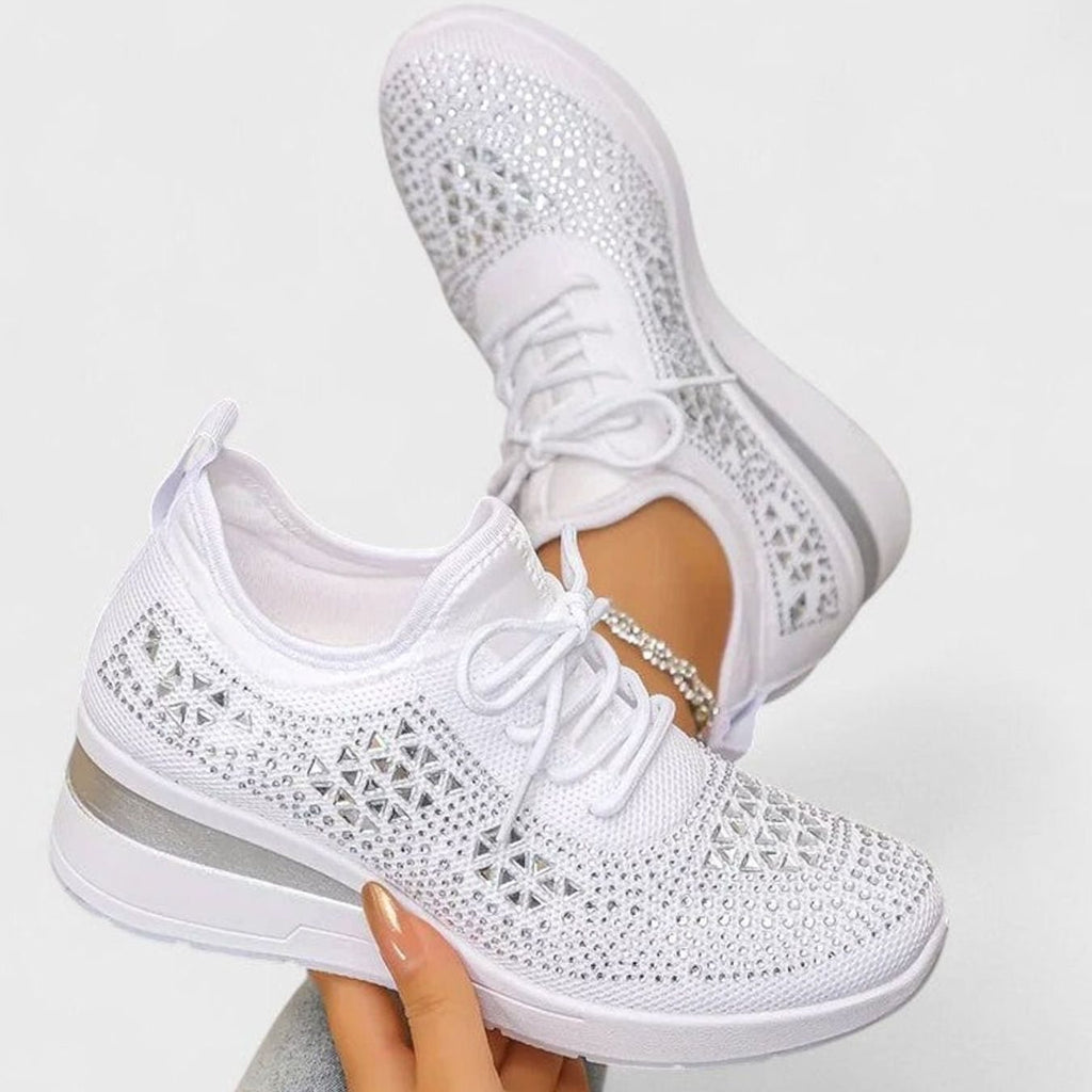 Women's Orthopedic Rhinestone Knit Lace-Up Wedge Sneakers - White
