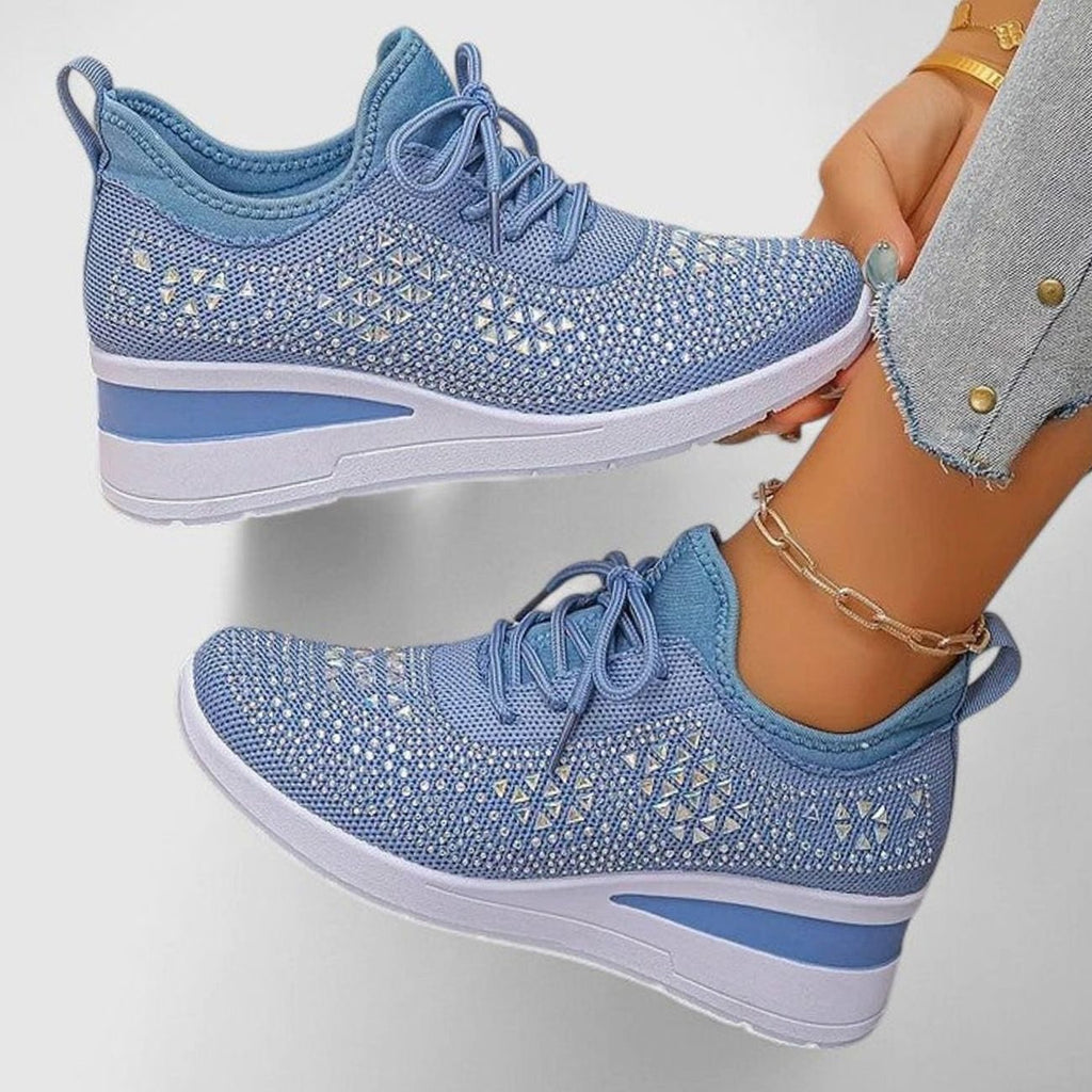 Women's Orthopedic Rhinestone Knit Lace-Up Wedge Sneakers - Blue