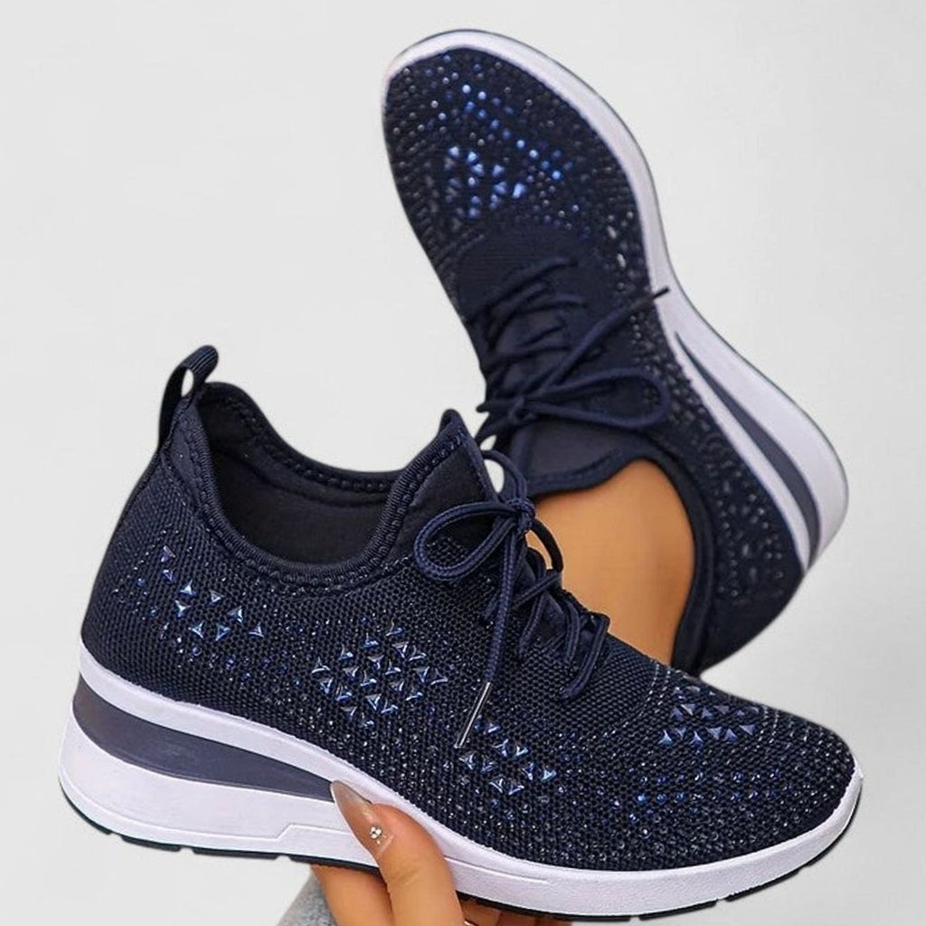 Women's Orthopedic Rhinestone Knit Lace-Up Wedge Sneakers - Dark Blue