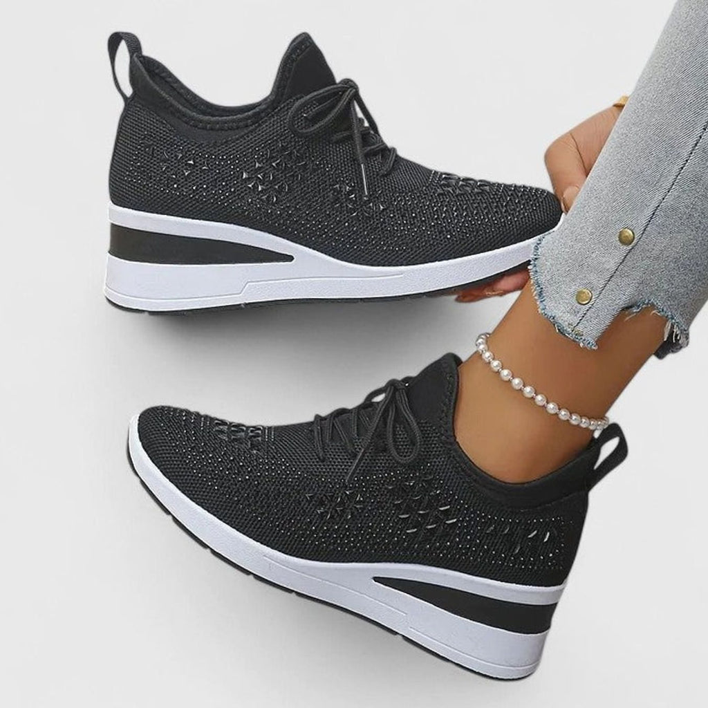Women's Orthopedic Rhinestone Knit Lace-Up Wedge Sneakers - Black