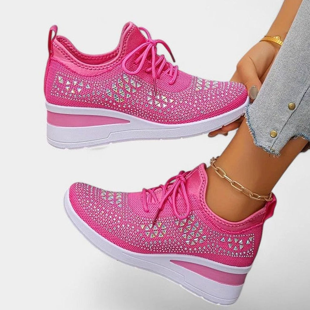 Women's Orthopedic Rhinestone Knit Lace-Up Wedge Sneakers - Rose