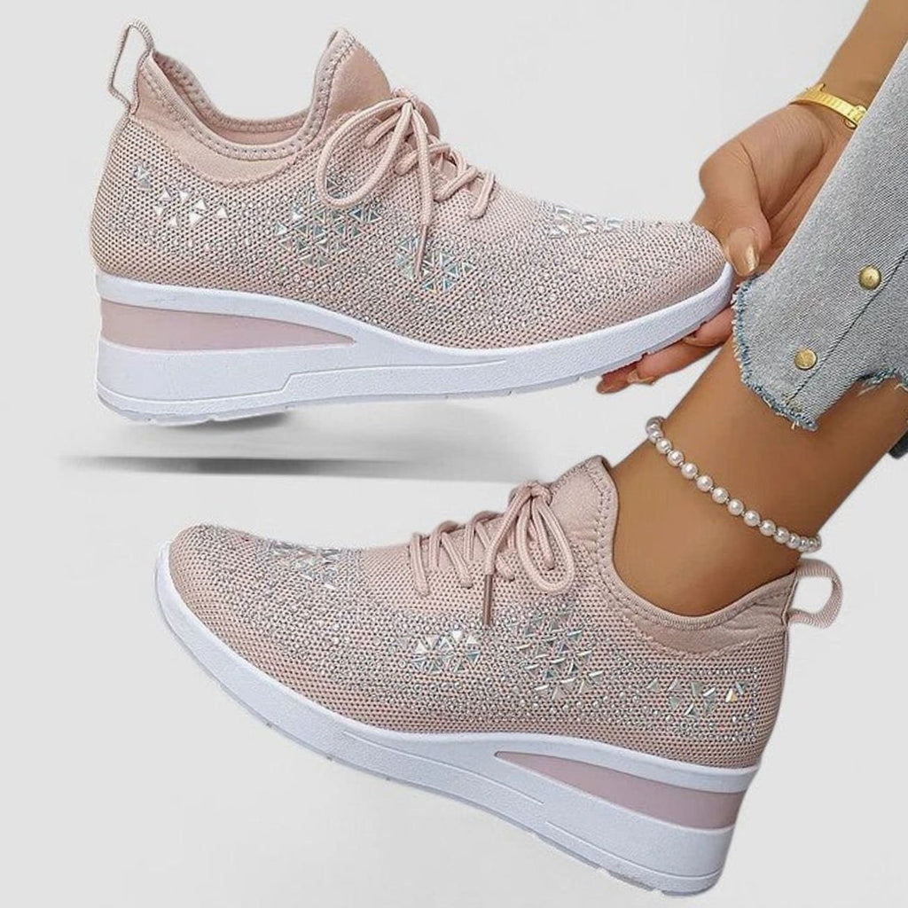 Women's Orthopedic Rhinestone Knit Lace-Up Wedge Sneakers - Pink
