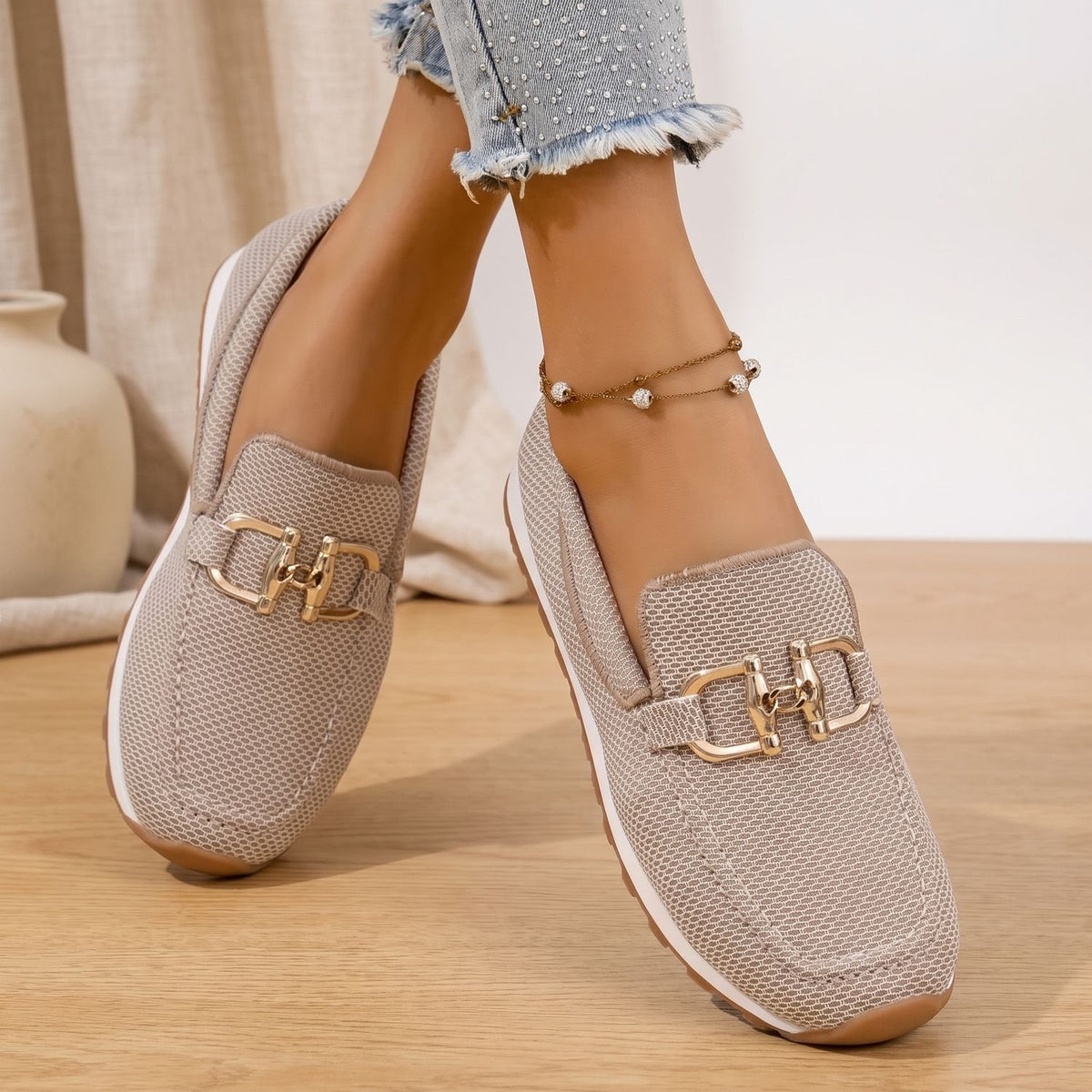 Women's Orthopedic Slip-On Mesh Loafer Sneakers Gold Horsebit