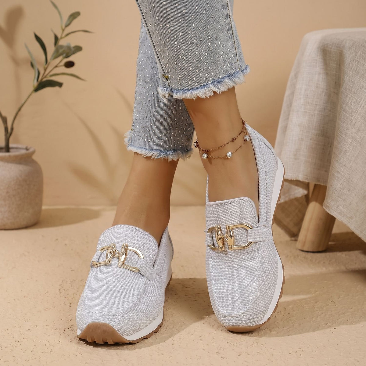 Women's Orthopedic Slip-On Mesh Loafer Sneakers Gold Horsebit - White