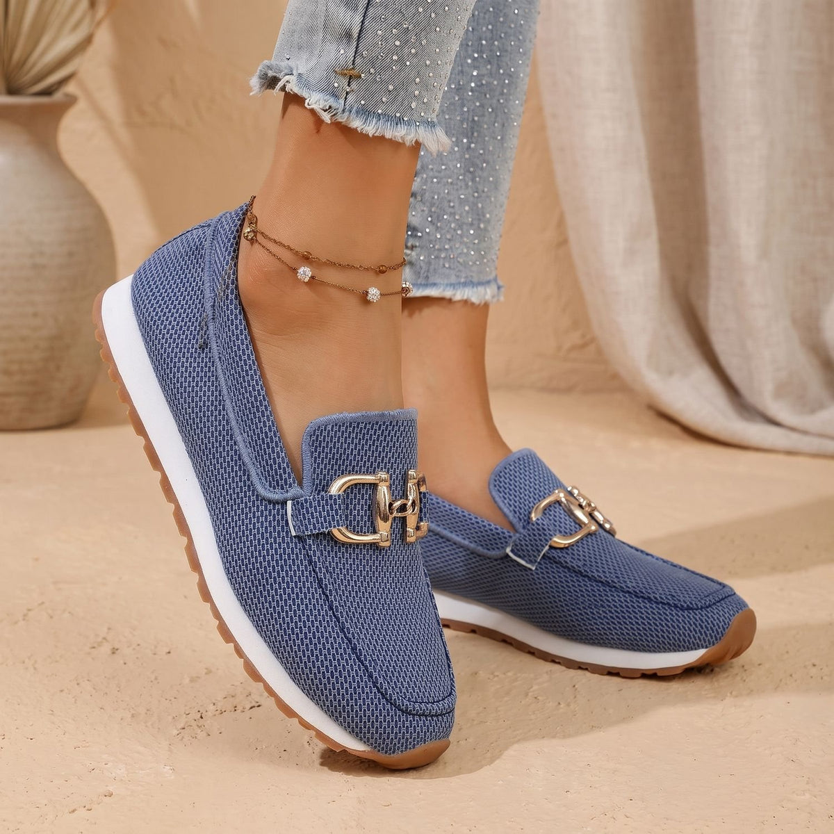 Women's Orthopedic Slip-On Mesh Loafer Sneakers Gold Horsebit - Blue