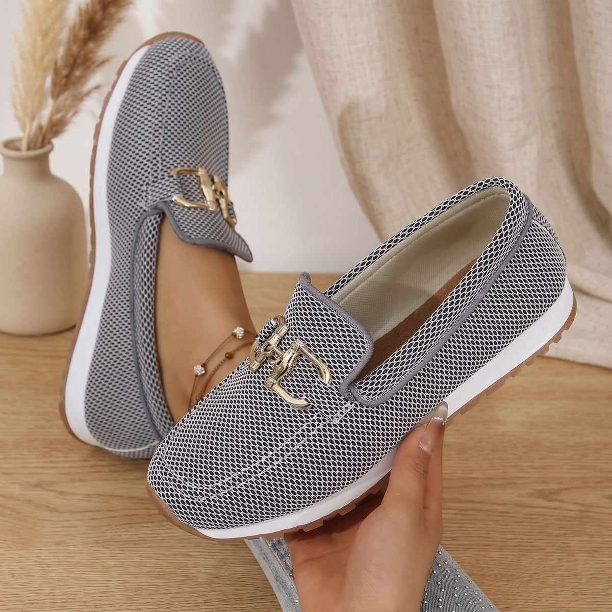 Women's Orthopedic Slip-On Mesh Loafer Sneakers Gold Horsebit
