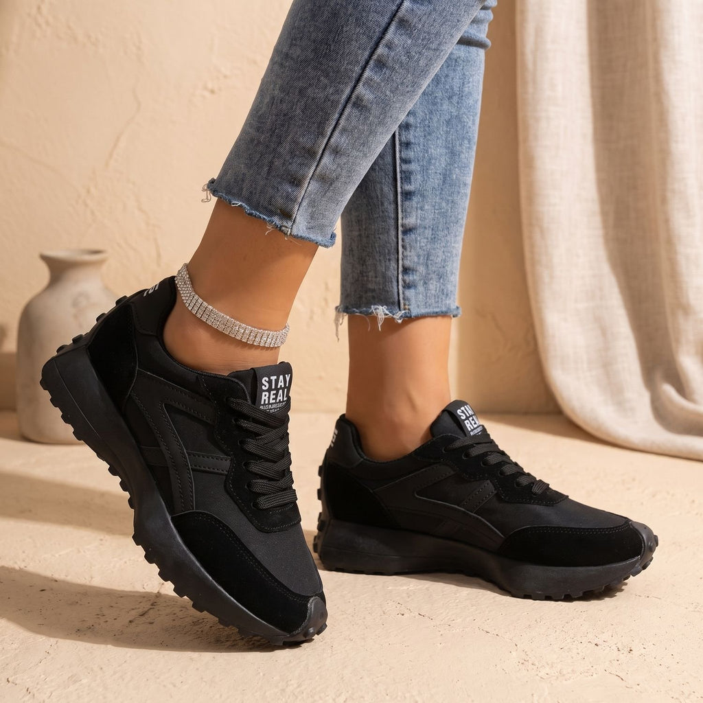 Women's Orthopedic Sneakers Cushioned Lace-Up Low-Top Trainers - Black