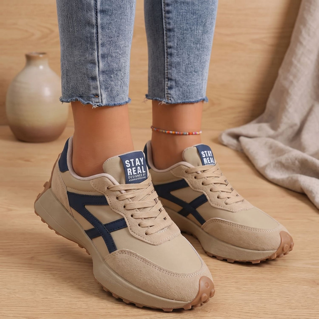 Women's Orthopedic Sneakers Cushioned Lace-Up Low-Top Trainers - Beige
