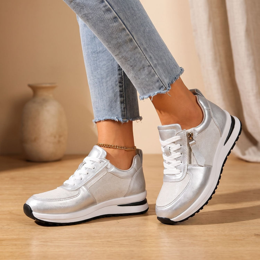 Women's Orthopedic Sneakers Cushioned Platform Lace-Up Low-Top - Shiny Silver