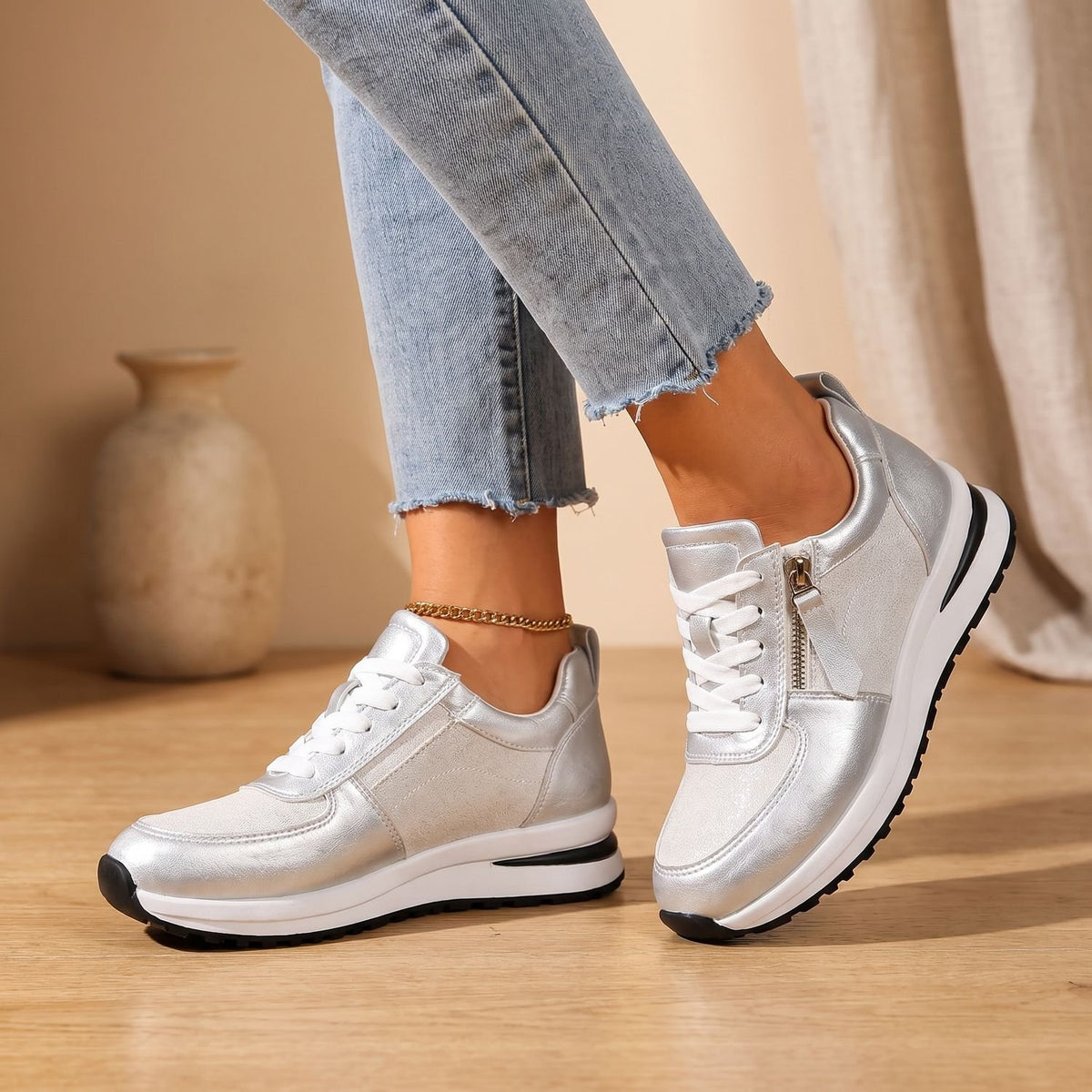 Women's Orthopedic Sneakers Cushioned Platform Lace-Up Low-Top - Shiny Silver