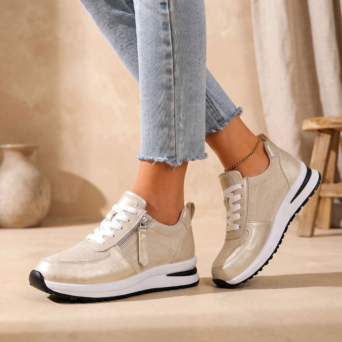 Women's Orthopedic Sneakers Cushioned Platform Lace-Up Low-Top - Shiny Beige