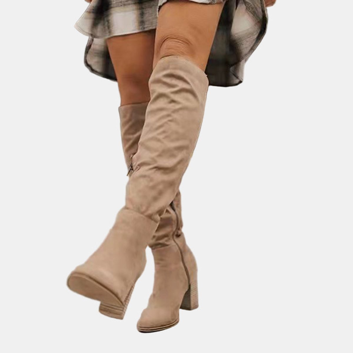 Women's Over-the-Knee Block-Heel Stretch Ankle Boots - Beige