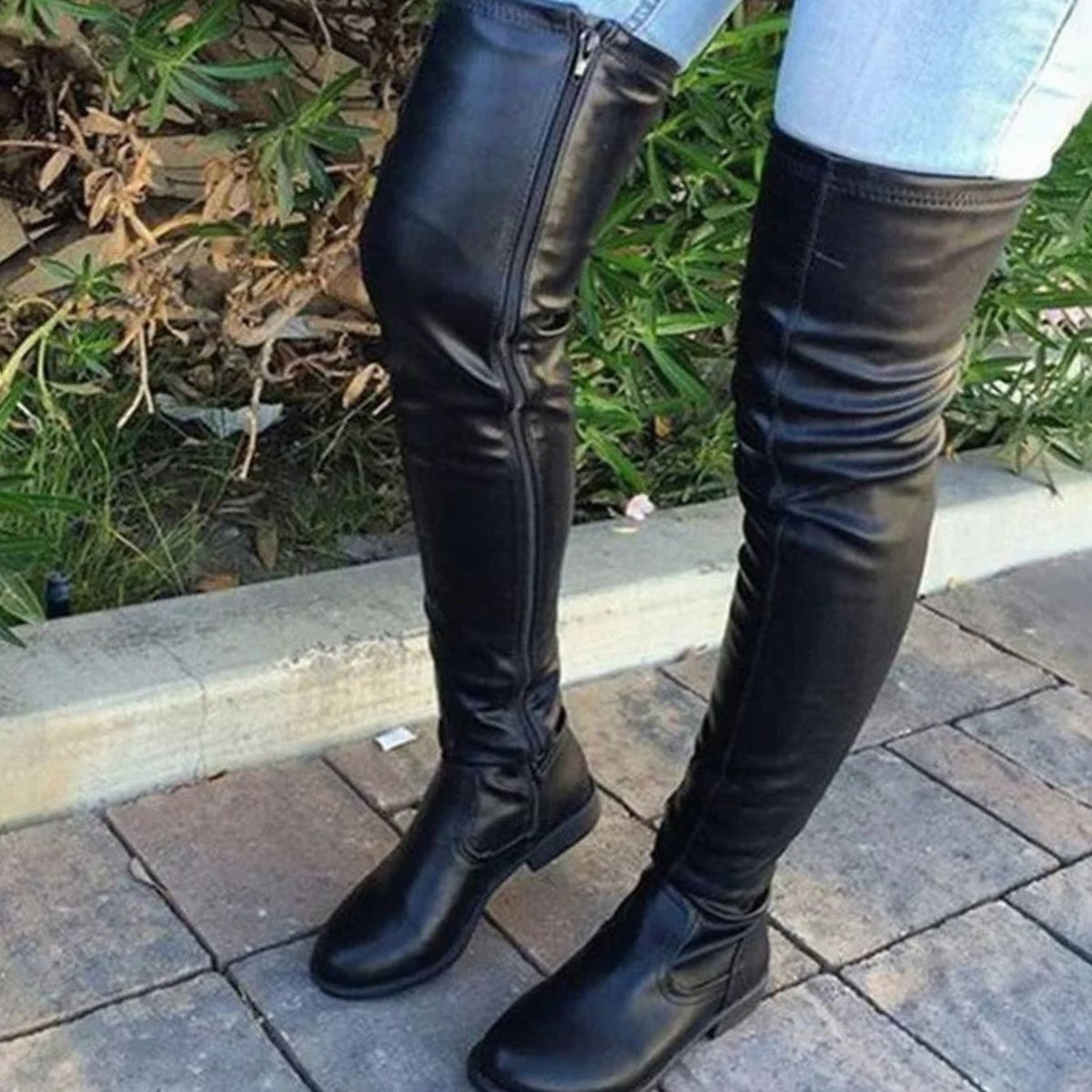 Women's Over-the-Knee Slim-Fit Block-Heel Zip-Up Boots - Black