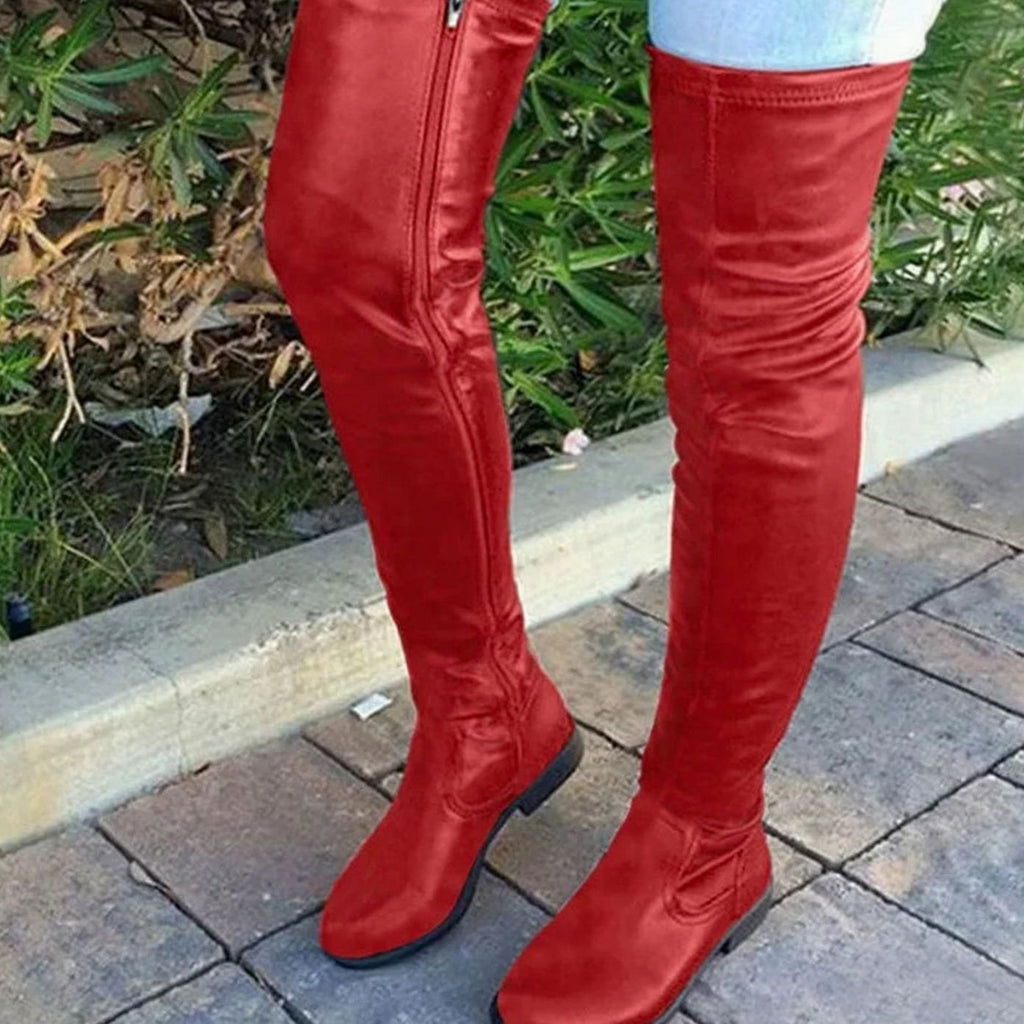 Women's Over-the-Knee Slim-Fit Block-Heel Zip-Up Boots - Red