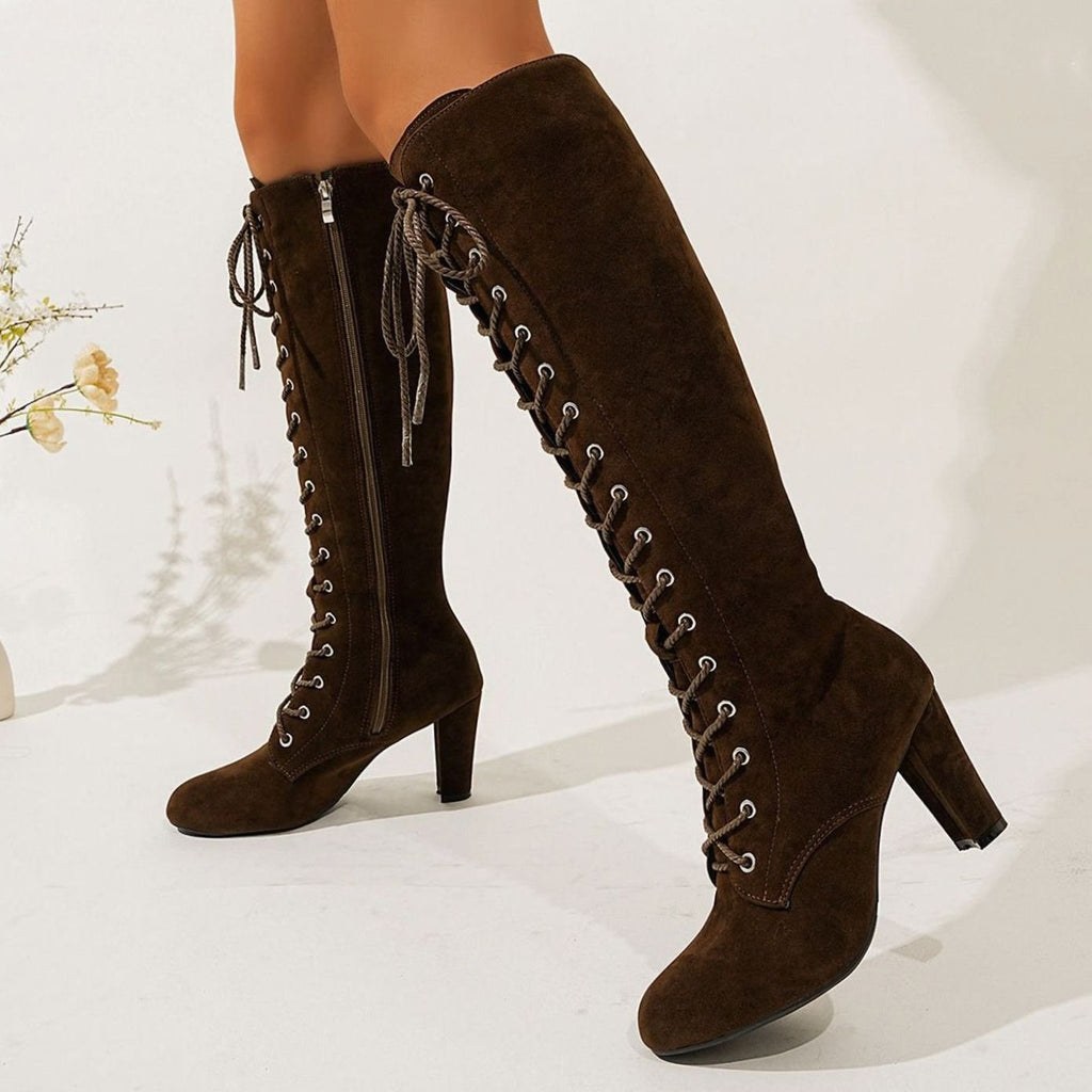 Women's Over-the-Knee Suede Lace-Up Block Heel Boots