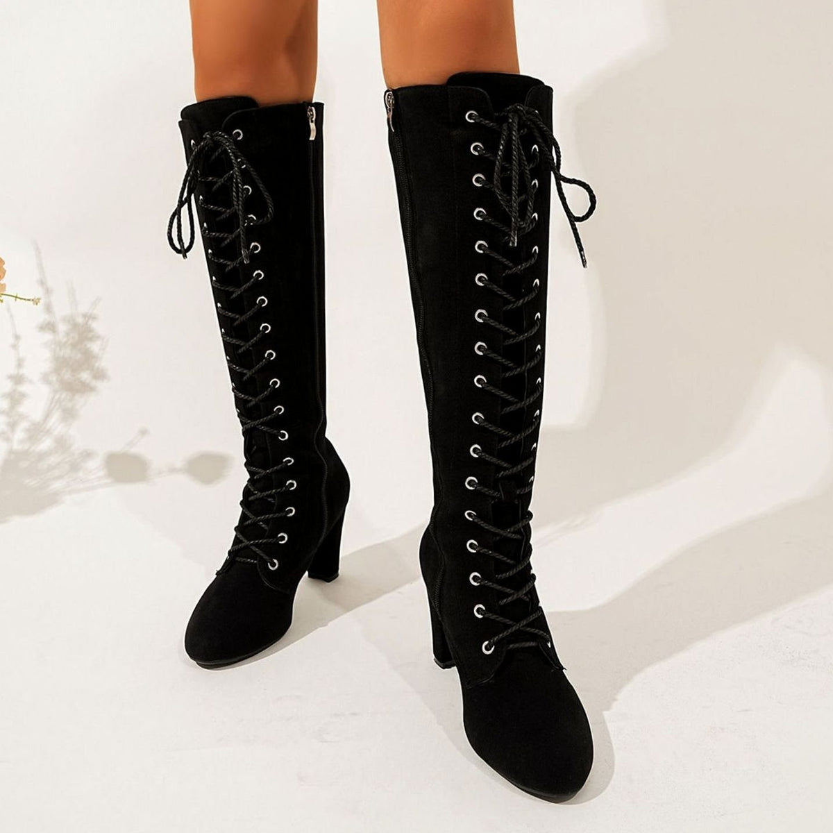 Women's Over-the-Knee Suede Lace-Up Block Heel Boots