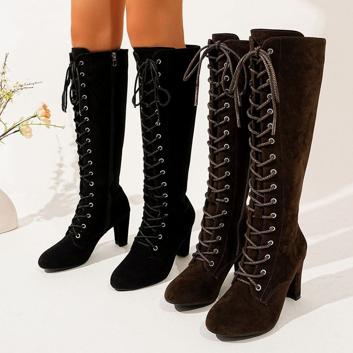 Women's Over-the-Knee Suede Lace-Up Block Heel Boots