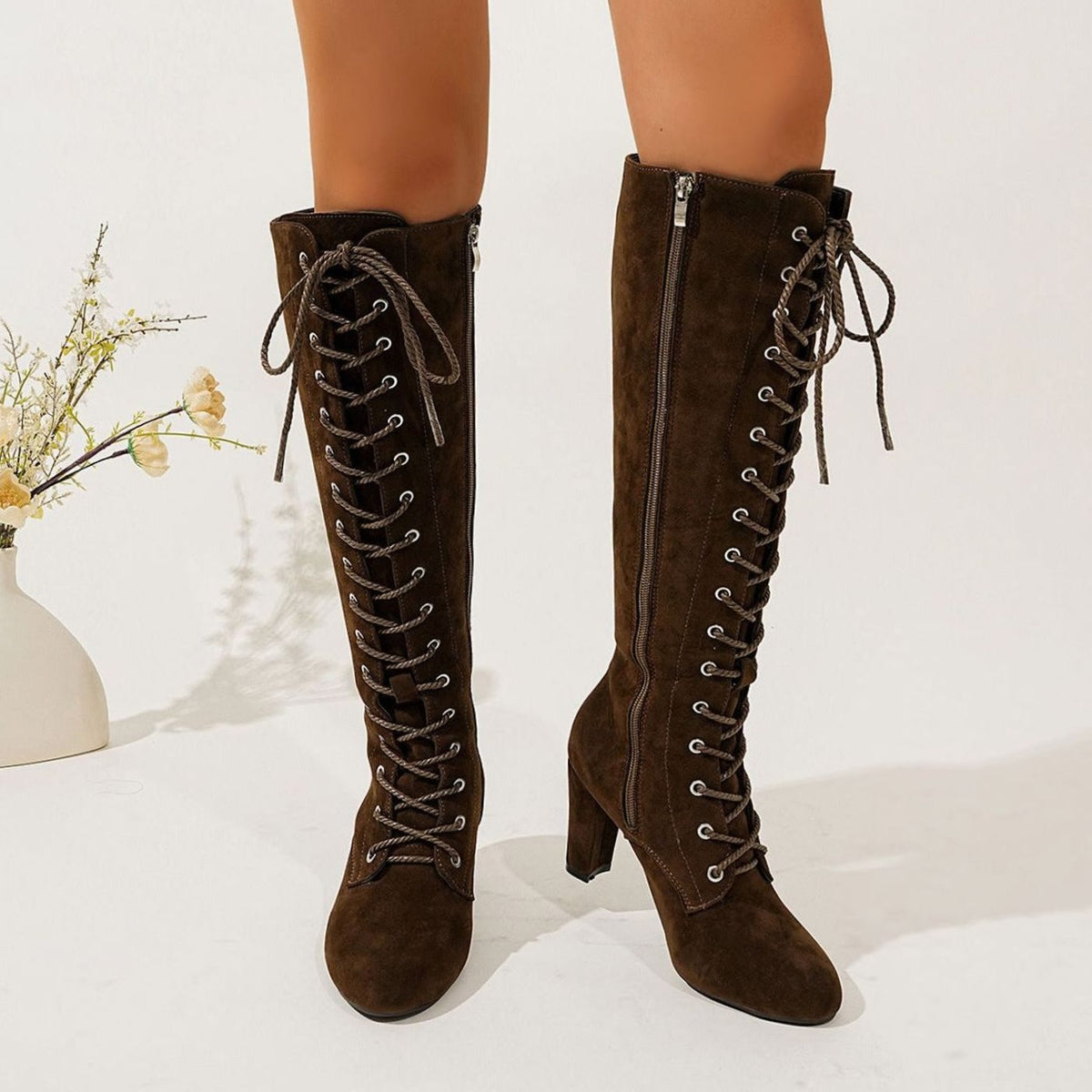 Women's Over-the-Knee Suede Lace-Up Block Heel Boots - Brown