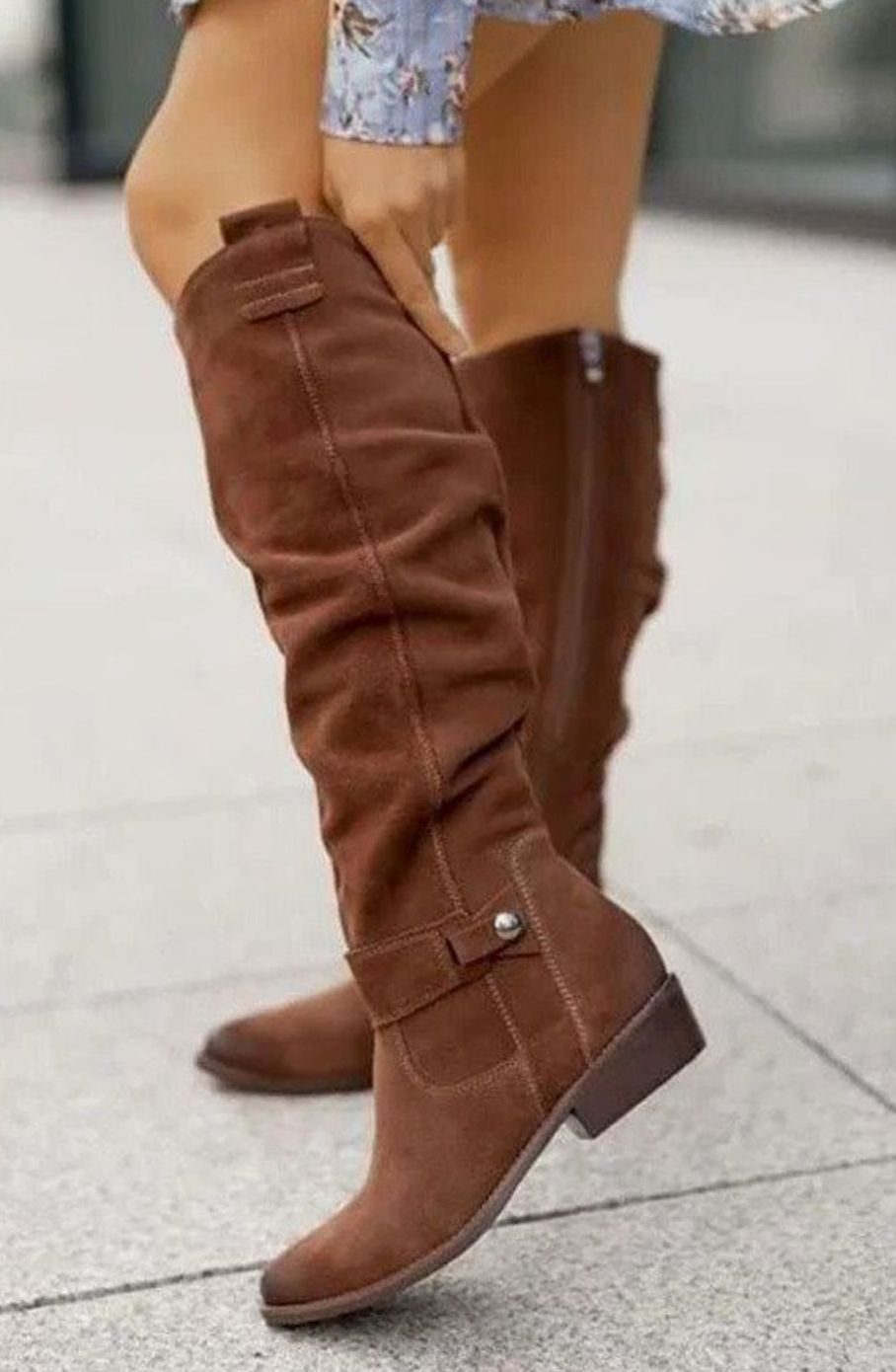Women's Over-the-Knee Suede Slouch Low-Heel Fashion Boots - Brown