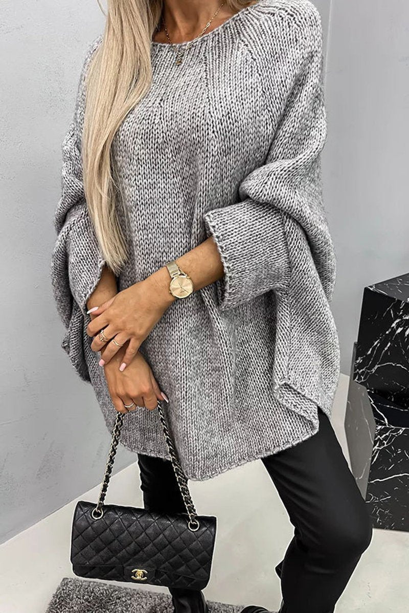 Women's Oversized Batwing-Sleeve Crew-Neck Knit Sweater - Gray