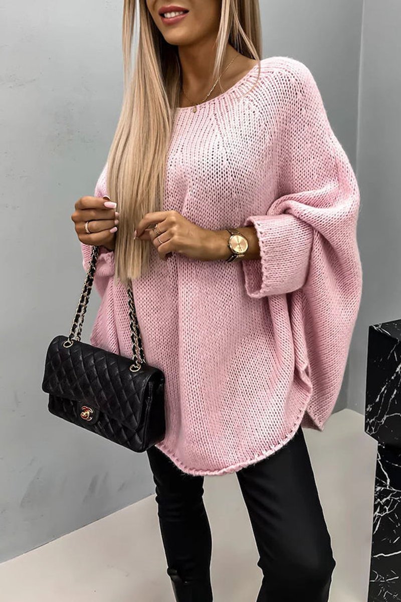 Women's Oversized Batwing-Sleeve Crew-Neck Knit Sweater - Pink