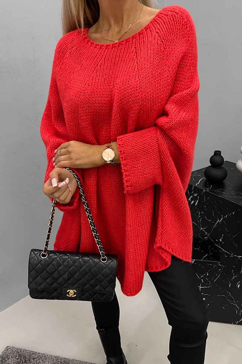Women's Oversized Batwing-Sleeve Crew-Neck Knit Sweater - Red