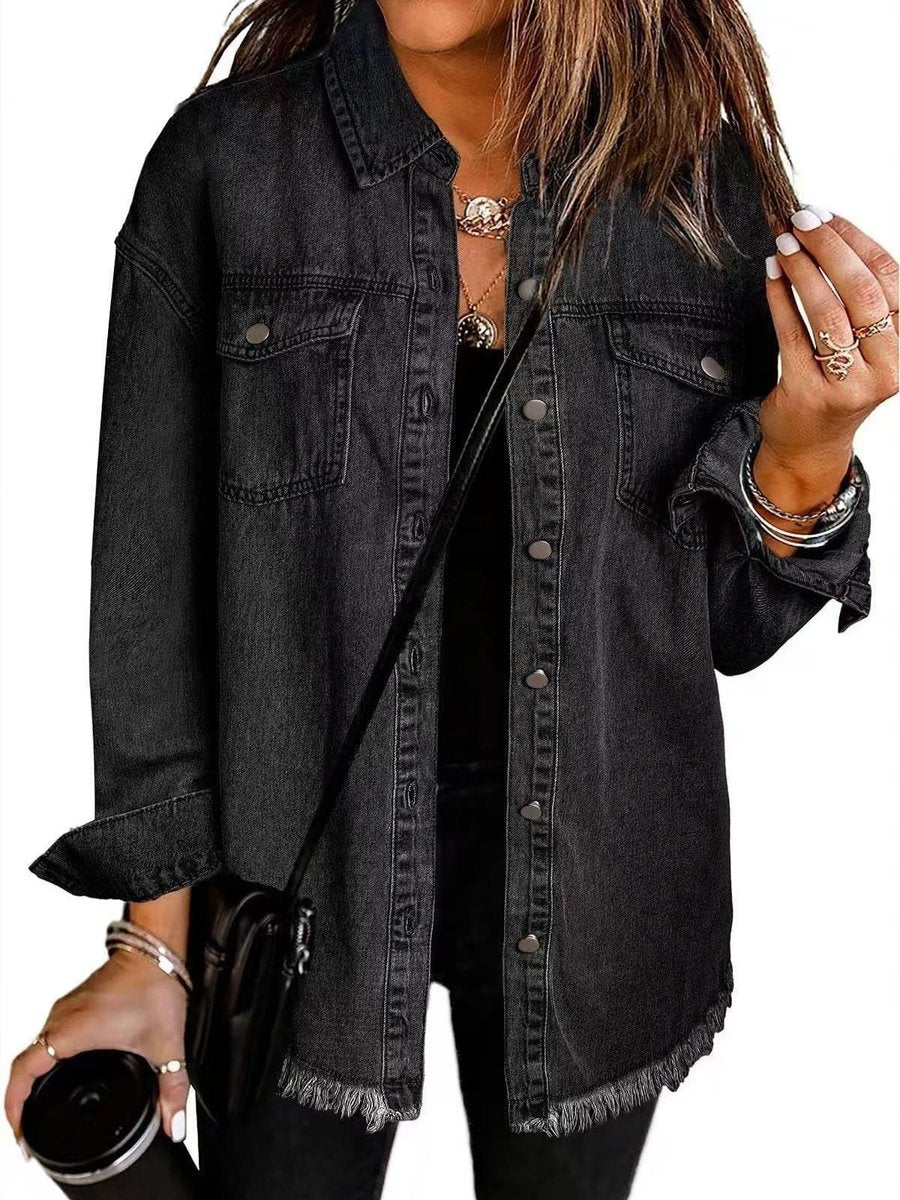 Women's Oversized Black Denim Snap-Button Jacket Raw Hem - Black