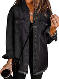 Women's Oversized Black Denim Snap-Button Jacket Raw Hem - Black