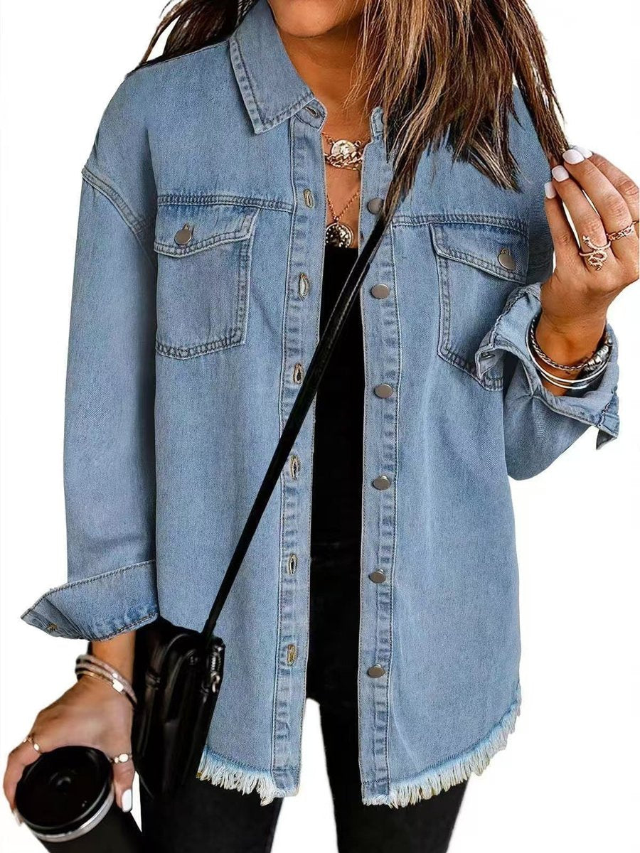 Women's Oversized Black Denim Snap-Button Jacket Raw Hem - Light Blue