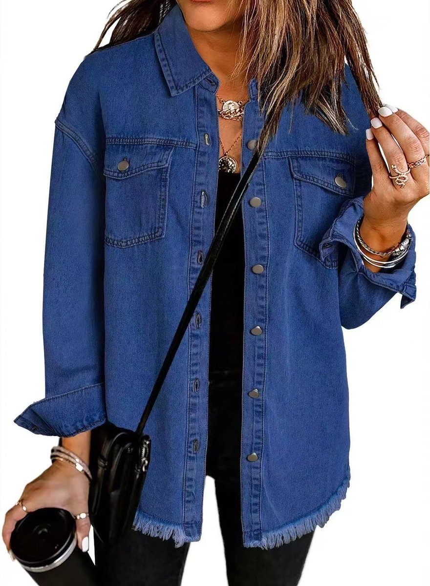 Women's Oversized Black Denim Snap-Button Jacket Raw Hem - Dark Blue