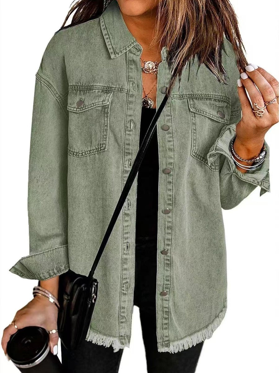 Women's Oversized Black Denim Snap-Button Jacket Raw Hem - Olive Green