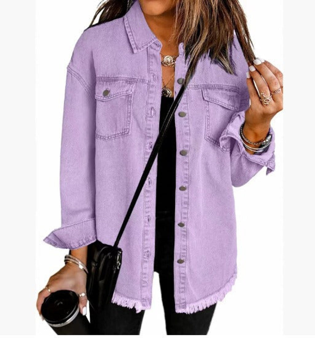 Women's Oversized Black Denim Snap-Button Jacket Raw Hem