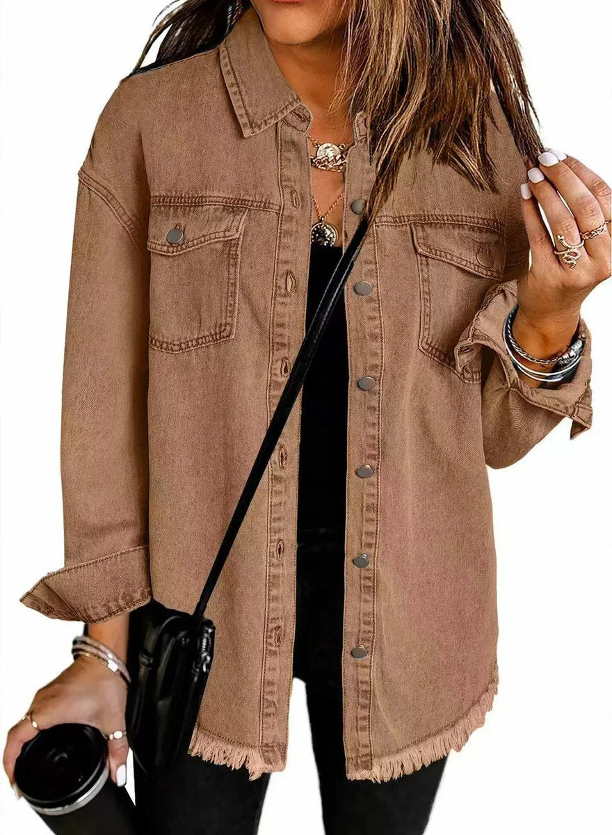 Women's Oversized Black Denim Snap-Button Jacket Raw Hem - Brown