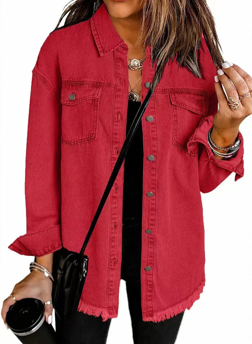 Women's Oversized Black Denim Snap-Button Jacket Raw Hem - Red