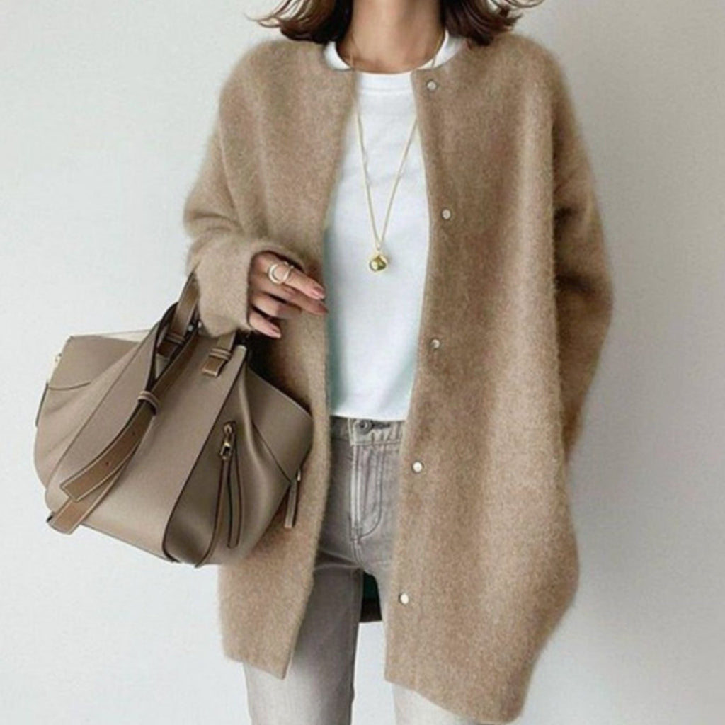 Women's Oversized Button-Down Fuzzy Knit Winter Cardigan - Khaki