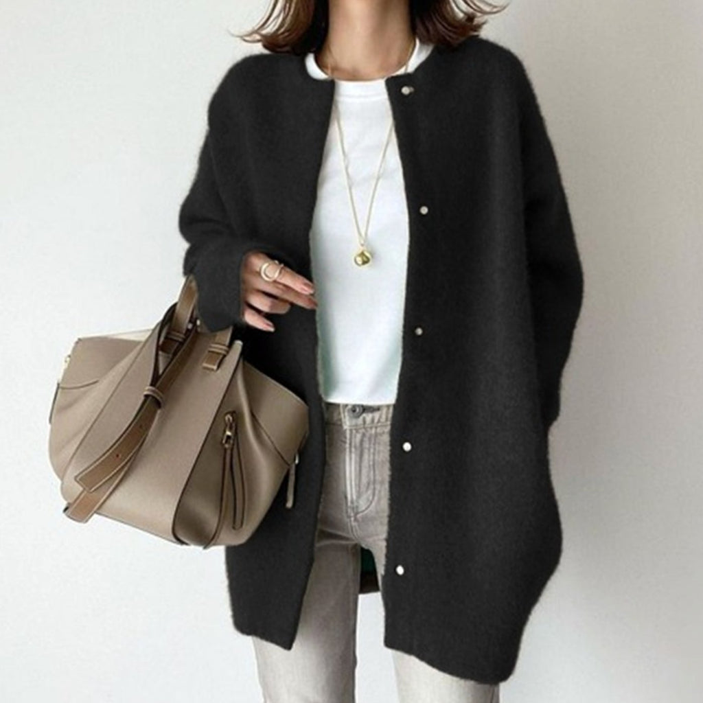 Women's Oversized Button-Down Fuzzy Knit Winter Cardigan - Black