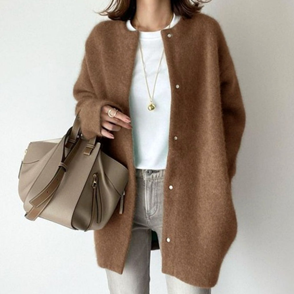 Women's Oversized Button-Down Fuzzy Knit Winter Cardigan - Caramel