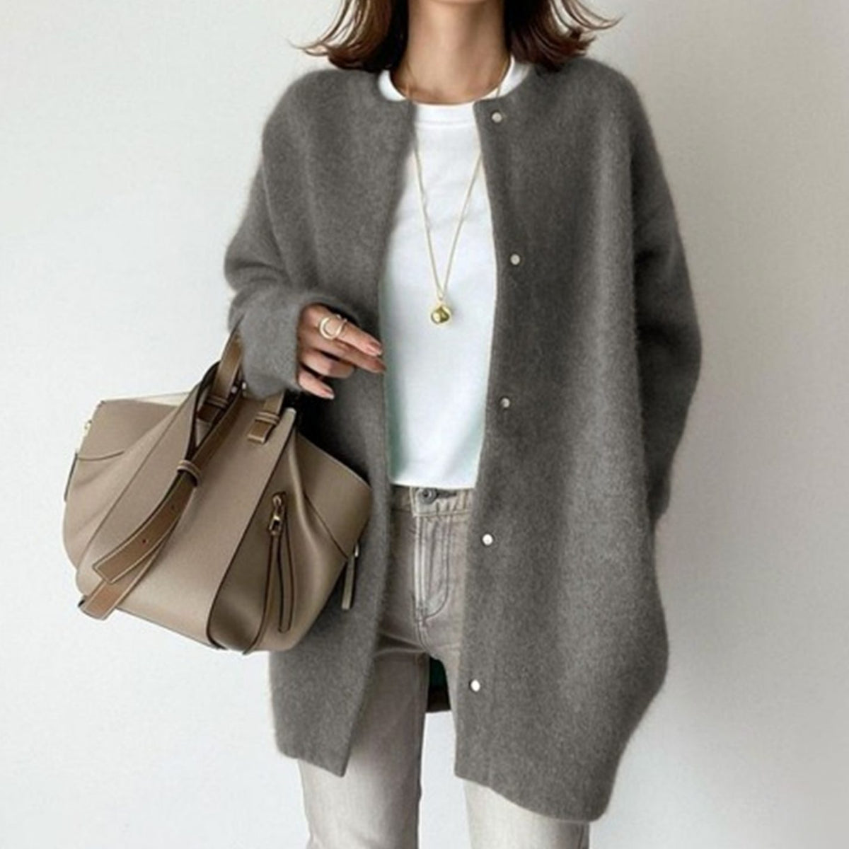 Women's Oversized Button-Down Fuzzy Knit Winter Cardigan - Gray